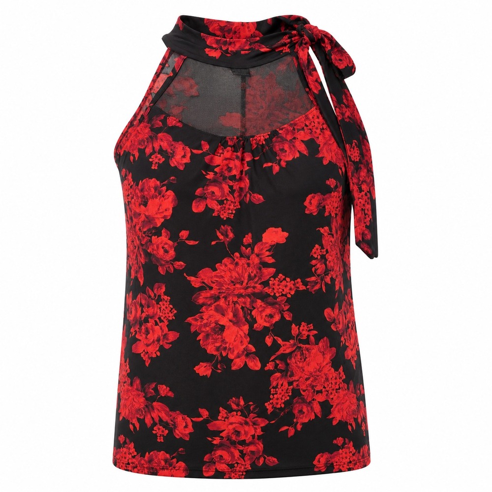 Adele & May Halter Top Women Large Black Red Floral Mesh Tie Neck Sophisticated